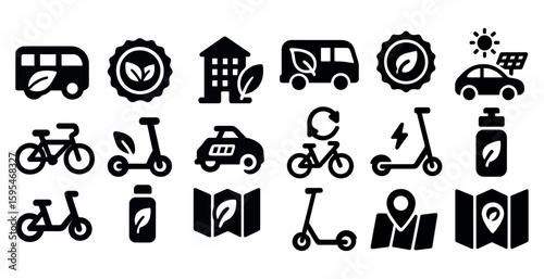 Collection of icons for various modes of transportation, including bicycles, scooters, and cars. The icons are all black and white, and they convey a sense of eco-friendliness and sustainability
