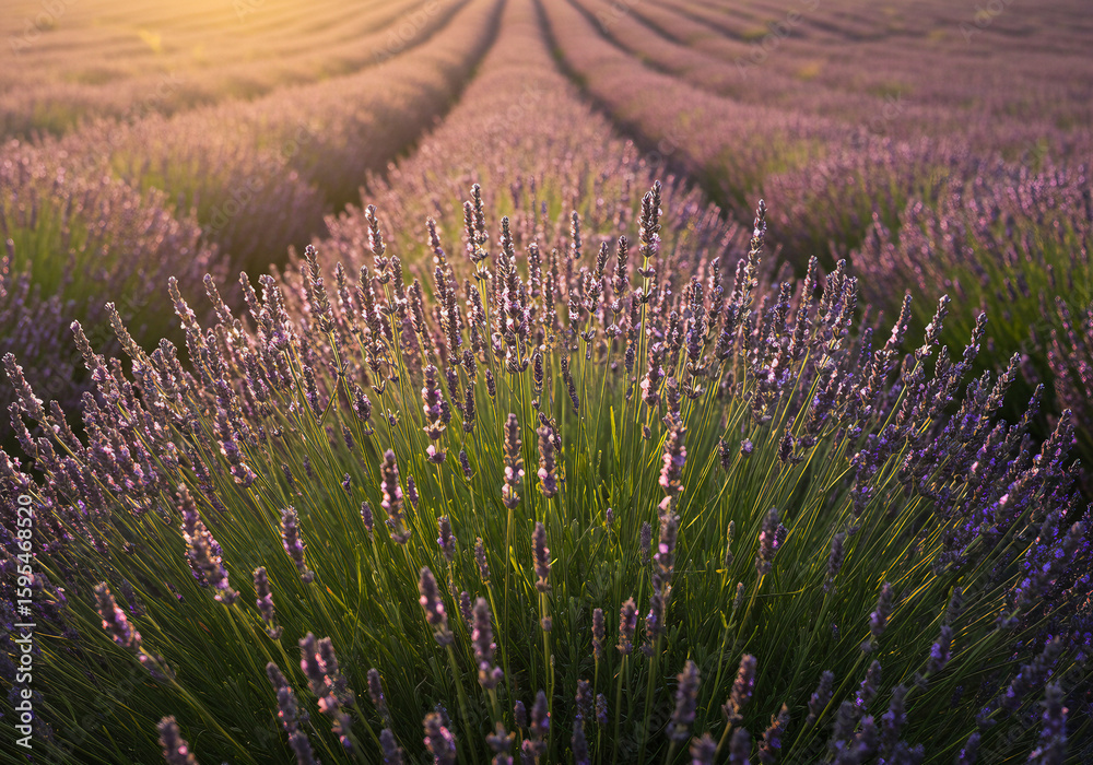 Fototapeta premium Lavender Field at Sunset: Rows of Purple Blooms Bathed in Golden Light.