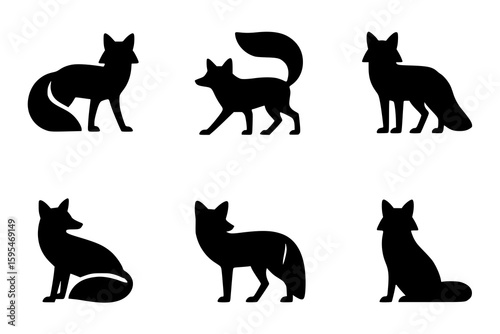Six Fox Silhouettes: A collection of minimalist black and white fox illustrations, showcasing various poses and styles in a simple vector format.