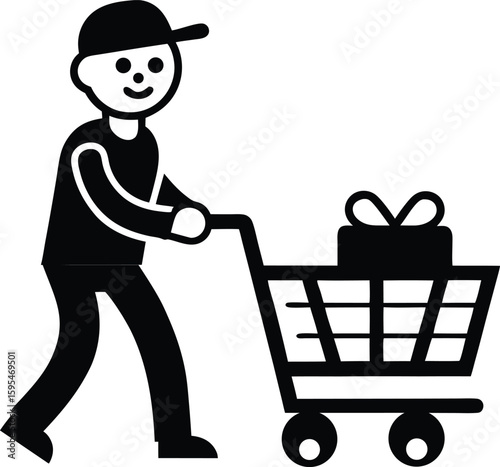  Man pushing shopping cart with gift box isolated on white background