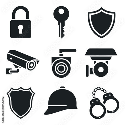 Security and Protection Icons Vector Set Featuring Padlock, Key, Shield, Surveillance Camera, Handcuffs, and Helmet for Comprehensive Safety Measures and Crime Prevention