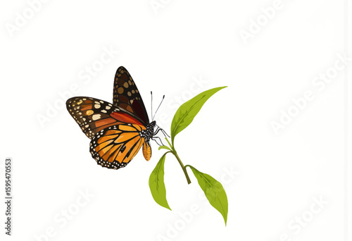 Monarch butterfly perched on green leaf against white background  