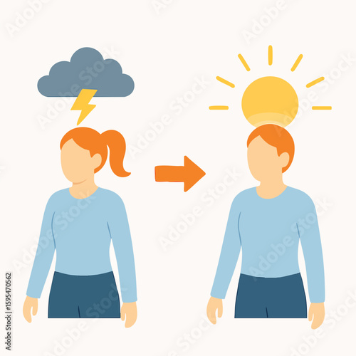 Flat Cartoon Woman Mood Change from Sad to Happy Illustration