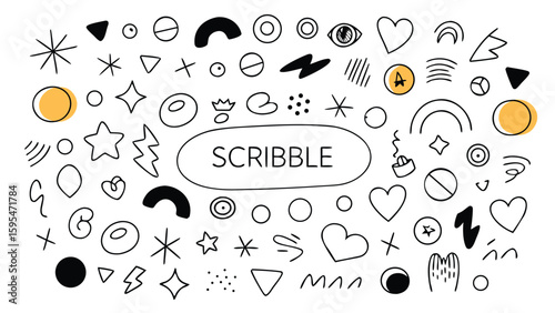 Scribble design with stars, lightning, hearts, and abstract shapes in black and yellow illustration
