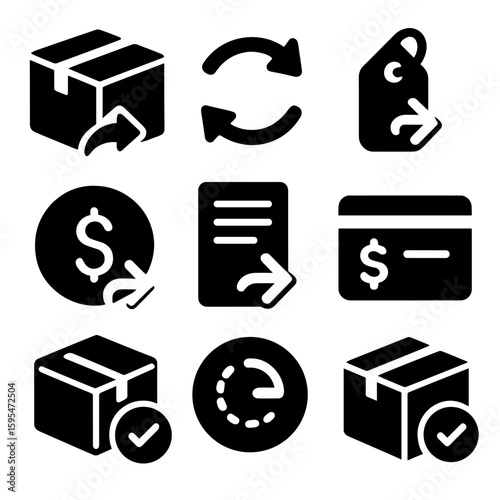 Return & Exchange Icons. Solid style icons of return and exchange: return package box, exchange arrows, return label, refund icon,