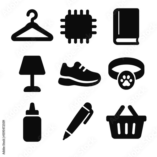 Solid Style Icons. Solid style icons of product types and categories: clothing hanger, electronics chip, book spine, home decor