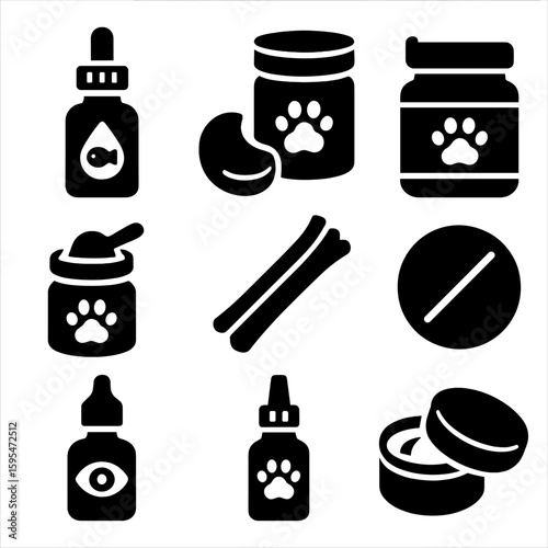 Pet Health Icons. Solid style icons of pet health supplements: omega oil bottle, joint care chew, vitamin jar, probiotic powder,