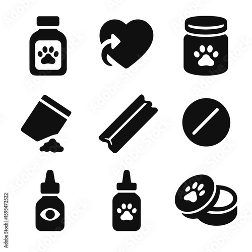 Pet Health Icons. Solid style icons of pet health supplements: omega oil bottle, joint care chew, vitamin jar, probiotic powder,