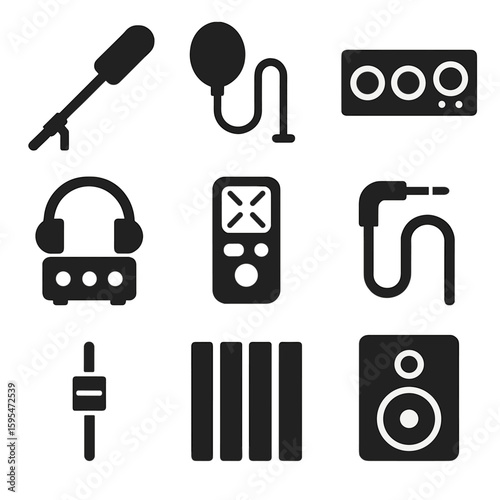 Professional Audio Tools Icons. Solid style icons of professional audio tools: boom mic, pop filter, audio interface, headphone