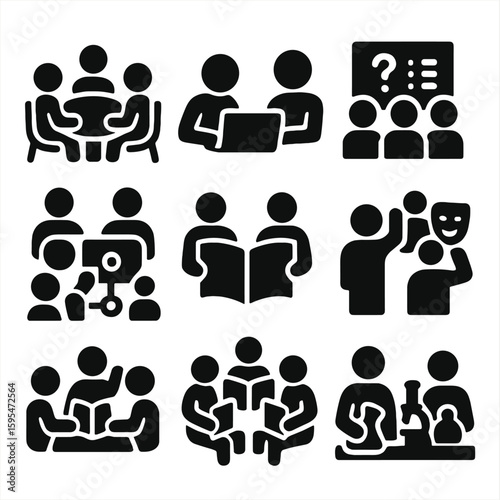 Group Learning Icons. Solid style icons of group learning formats: round table discussion, partner task, group quiz, shared