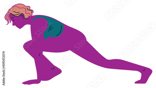 Woman in lunge position practicing yoga or fitness in a minimalistic style illustration
