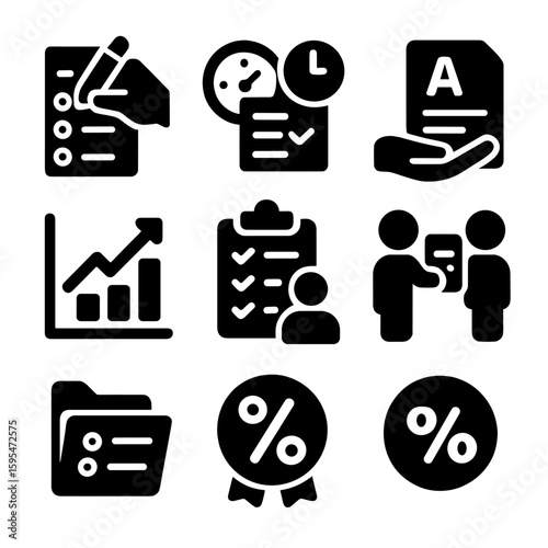 Testing Icons Set. Solid style icons of test and evaluation: filling answer sheet, timed quiz, grading paper, receiving grade,