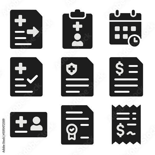 Medical File Icons. Solid style icons of administrative medical files: referral form, discharge summary, appointment log, consent