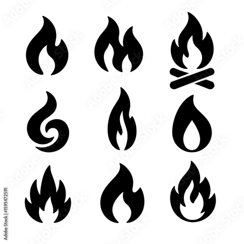 Solid Flame Icons. Solid style icons of flame symbols: single fire flame, twin flame silhouette, campfire blaze, stylized fire