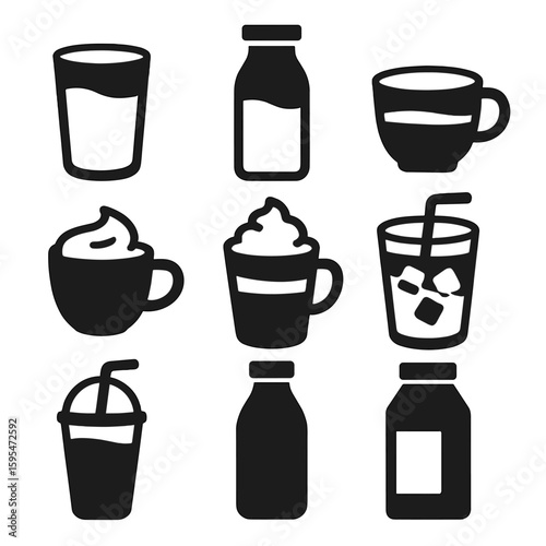 Dairy Beverage Icons. Solid style icons of dairy-based beverages: glass of milk, chocolate milk bottle, milk tea cup, coffee with