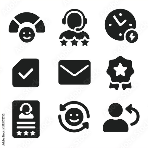 Support Quality Icons. Solid style icons of support quality indicators: satisfaction meter, agent rating stars, response time