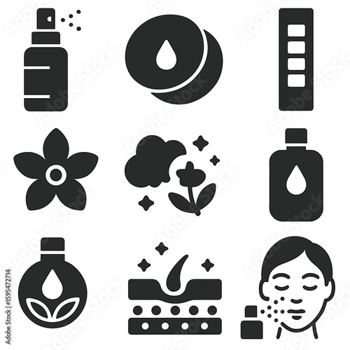 Skincare Icons Set. Solid style icons of toning and pH balance: toner spray, cotton pad with liquid, pH test strip, soothing