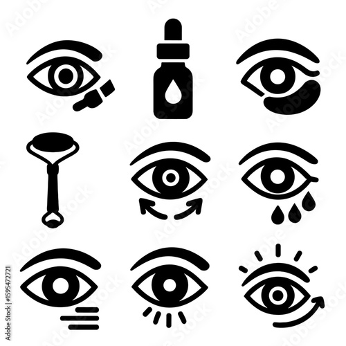 Eye Care Essentials. Solid style icons of eye care: eye cream tap, eye serum bottle, under-eye patch icon, de-puff tool, dark