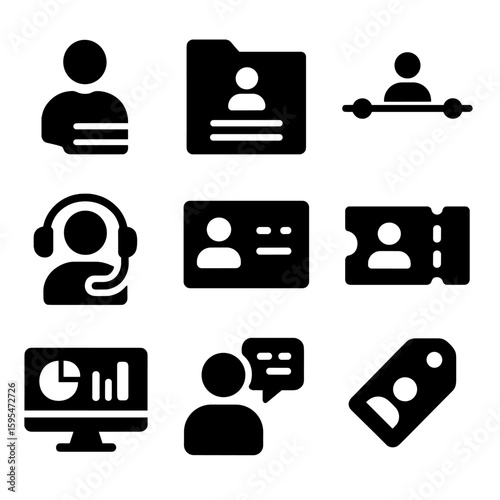 CRM Icons Collection. Solid style icons of CRM and user service records: user profile with notes, case file with interaction log,