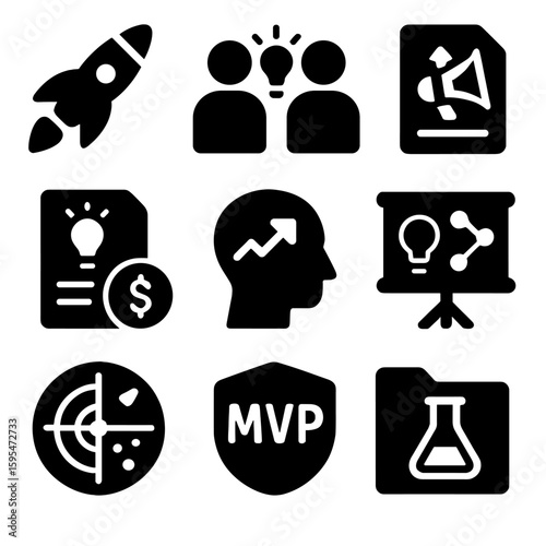 Innovation Icon Set. Solid style icons of entrepreneurial innovation: startup rocket, co-founder collaboration, pitch document,