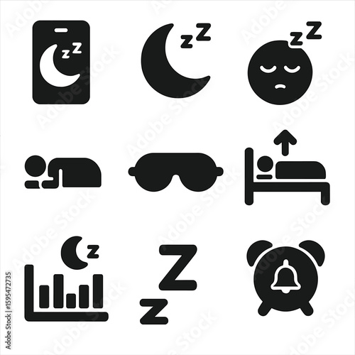 Sleep and Recovery Icons. Solid style icons of sleep and recovery: sleep tracker app, crescent moon icon, restful face, sleep