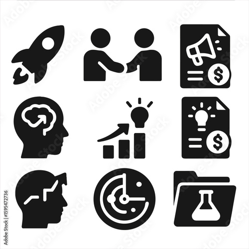 Innovation Icon Set. Solid style icons of entrepreneurial innovation: startup rocket, co-founder collaboration, pitch document,