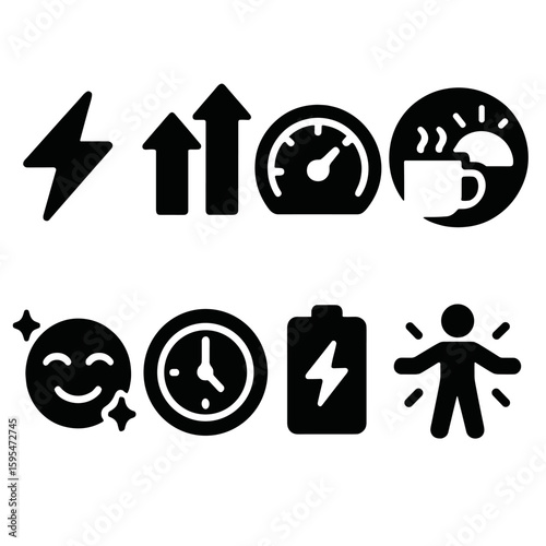 Energy Icons Collection. Solid style icons of energy and vitality: energy lightning icon, vitality boost arrows, high performance