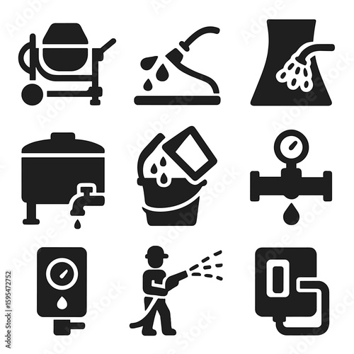 Industrial Water Icons. Solid style icons of water in construction and industry: concrete water mixer, hose spray on site, cooling