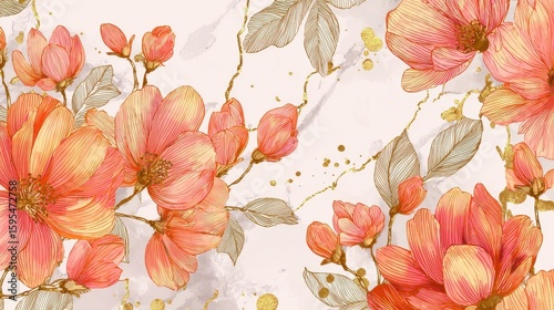 Spring floral in watercolor vector background. Luxury wallpaper design with orange flowers, line art, golden texture. Elegant gold blossom flowers illustration suitable for fabric, prints, cover., no