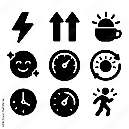 Energy Icons Collection. Solid style icons of energy and vitality: energy lightning icon, vitality boost arrows, high performance