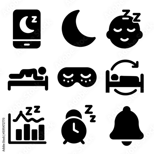 Sleep and Recovery Icons. Solid style icons of sleep and recovery: sleep tracker app, crescent moon icon, restful face, sleep
