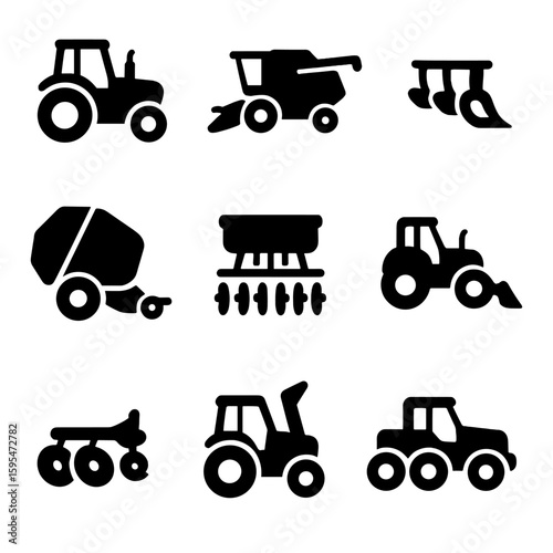 Agricultural Machinery Icons. Solid style icons of agricultural machinery: tractor side view, combine harvester, plowing machine,