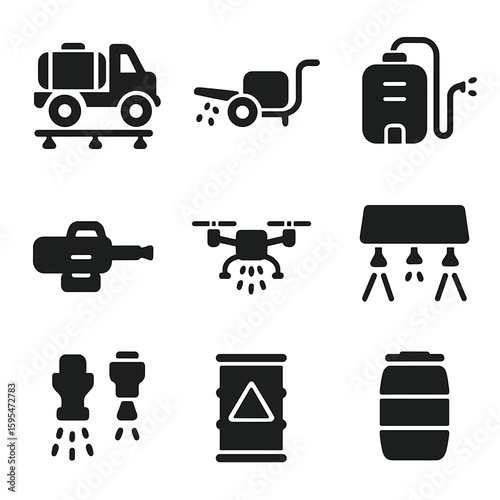 Crop Protection Equipment Icons. Solid style icons of crop protection equipment: mounted sprayer, boom sprayer, knapsack sprayer,