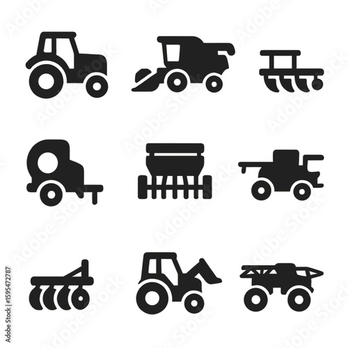Agricultural Machinery Icons. Solid style icons of agricultural machinery: tractor side view, combine harvester, plowing machine,
