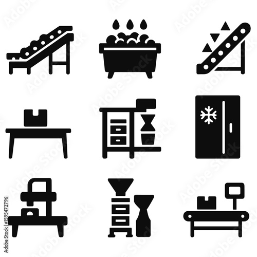 Post-Harvest Equipment Icons. Solid style icons of post-harvest equipment: sorting conveyor, washing machine for produce, grading