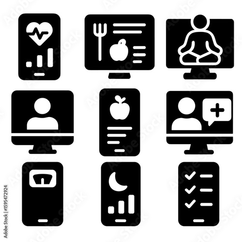 Health Tech Icons. Solid style icons of health-related digital tools: mobile app with wellness stats, meal planner interface,