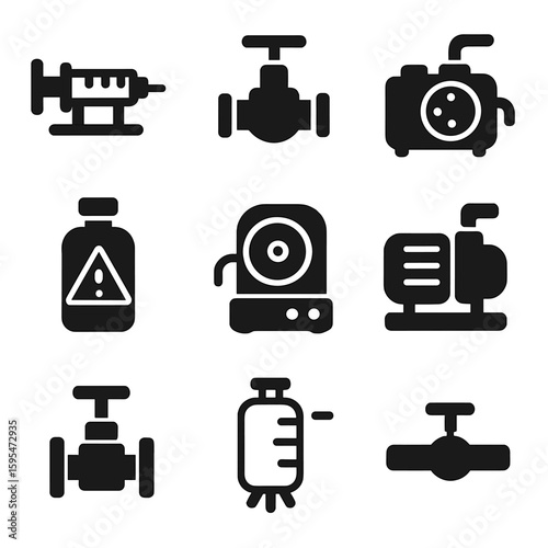 Laboratory Pump Icons. Solid style icons of laboratory and precision pumps: syringe pump icon, laboratory dosing valve,