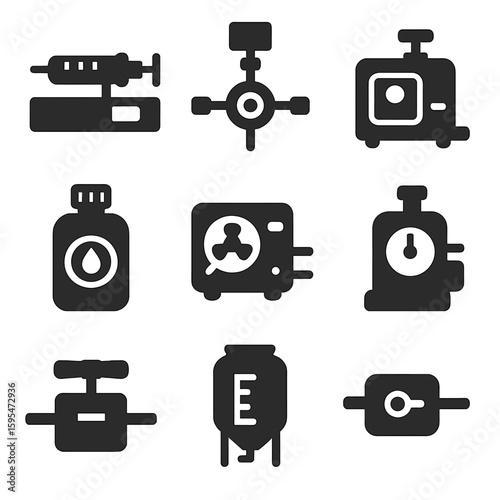 Laboratory Pump Icons. Solid style icons of laboratory and precision pumps: syringe pump icon, laboratory dosing valve,
