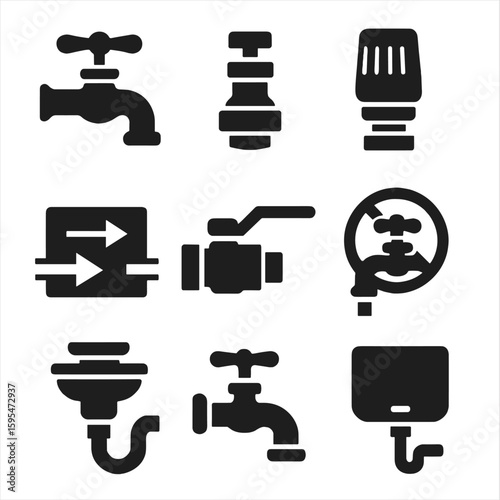 Plumbing Valve Icons. Solid style icons of plumbing and household valves: faucet valve icon, pressure relief valve, thermostatic