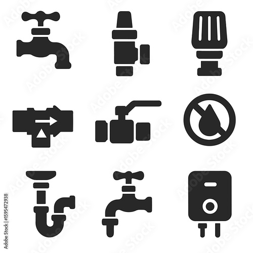 Plumbing Valve Icons. Solid style icons of plumbing and household valves: faucet valve icon, pressure relief valve, thermostatic