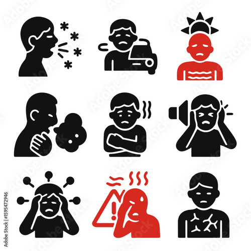 Environmental Discomfort Icons. Solid style icons of discomfort caused by environment: allergy sneezing with pollen cloud, motion