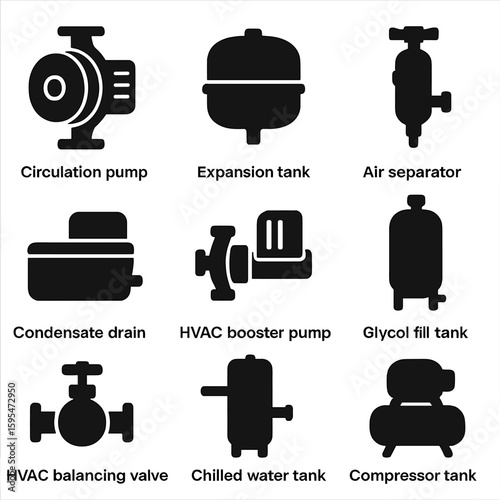 HVAC System Icons. Solid style icons of HVAC and mechanical system components: circulation pump for heating, expansion tank icon,