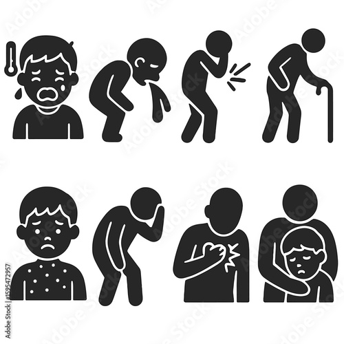 Pediatric and Elderly Discomfort Icons. Solid style icons of pediatric and elderly discomfort states: child crying with fever icon