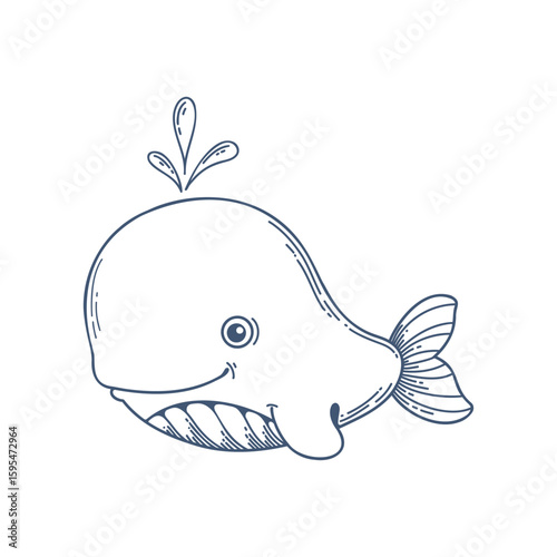 Cute whale and water splashes. Outline drawing in blue ink with slight shading. Funny cartoon character. Coloring book for children. Hand drawn vector illustration isolated on white background.