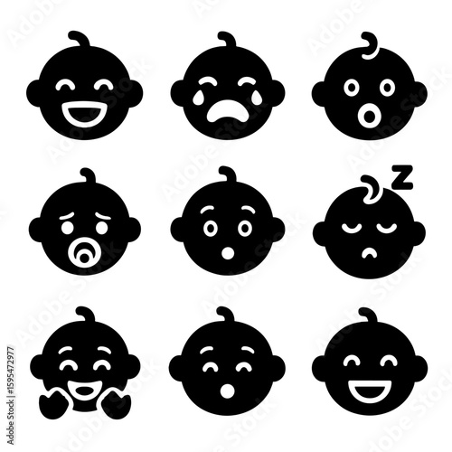Baby Emotions Icons. Solid style icons of baby emotions and moods: laughing baby face, crying baby with tears, yawning baby icon,