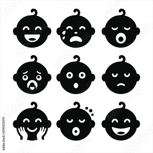 Baby Emotions Icons. Solid style icons of baby emotions and moods: laughing baby face, crying baby with tears, yawning baby icon,