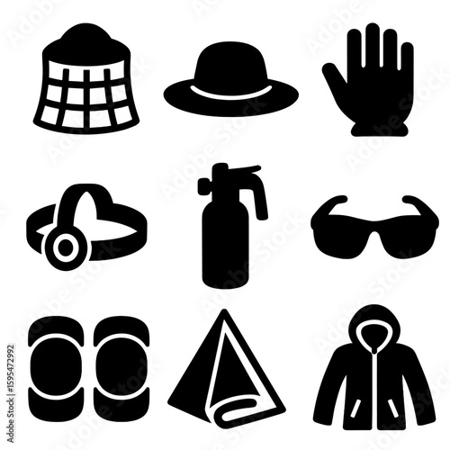 Outdoor Safety Icons. Solid style icons of protection and safety outdoors: insect netting, sun hat with brim, hiking gloves,