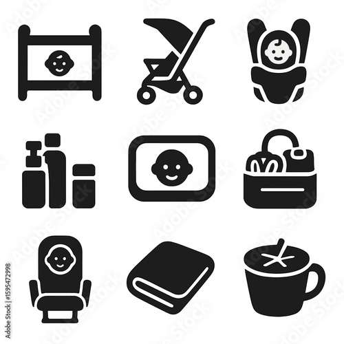 Baby Travel Essentials Icons. Solid style icons of baby gear and travel: portable crib icon, collapsible stroller, baby carrier