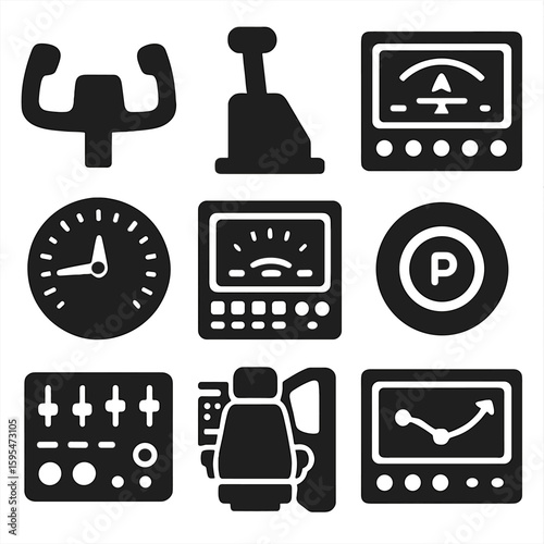 Cockpit Control Icons. Solid style icons of airplane cockpit controls: steering yoke icon, throttle lever silhouette, avionics