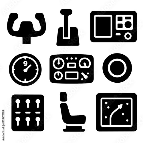 Cockpit Control Icons. Solid style icons of airplane cockpit controls: steering yoke icon, throttle lever silhouette, avionics